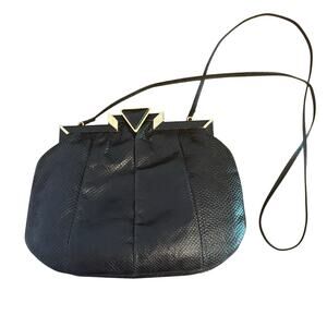 Vtg Sharif Art Deco Clasp Closure Black Leather Python Embossed Frame Purse